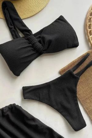 One Shoulder Cut Out Three Piece Bikini Set
