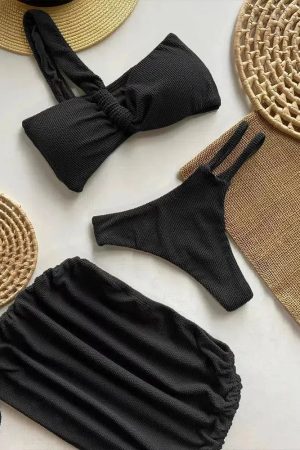 One Shoulder Cut Out Three Piece Bikini Set