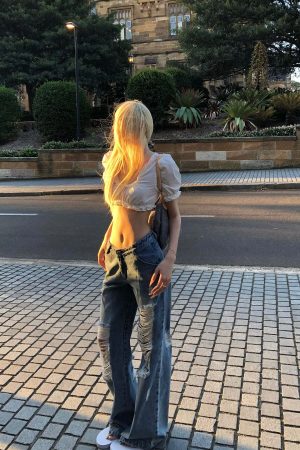 Rase le sol Distressed Wide-Leg Washed Denim Jeans