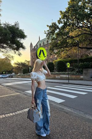 Rase le sol Distressed Wide-Leg Washed Denim Jeans