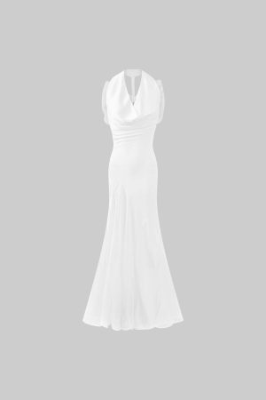 Rase le sol Draped Halter Backless Gown with Oversized Bow