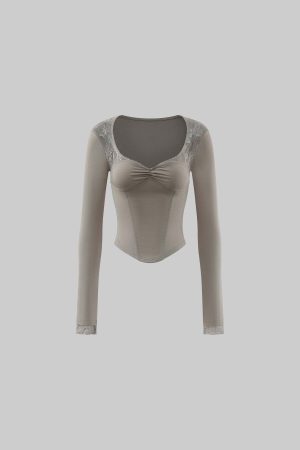 Rase Le Sol Lace Panel Fitted Long Sleeve T-Shirt