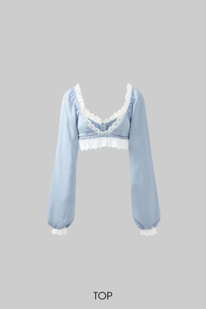 Rase le sol Lace Trim Lantern Sleeve Top & Shorts Set