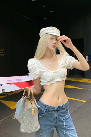 Rase le sol Lace-Trimmed Puff Sleeve Crop Top