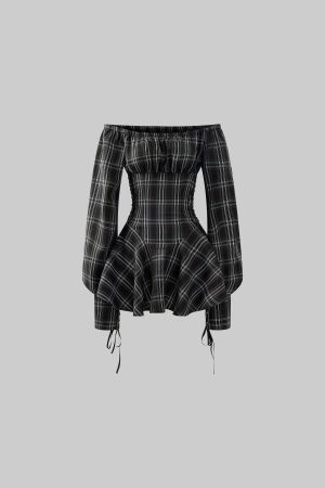Rase le sol Plaid Corset Dress with Puff Sleeves and Cinched Waist