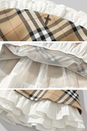 Rase le sol Plaid Flared Dress with Layered Lace Hem