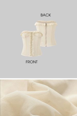 Rase le sol Sheer Mesh Corset Top with Ruffle Lace Trim