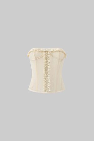 Rase le sol Sheer Mesh Corset Top with Ruffle Lace Trim