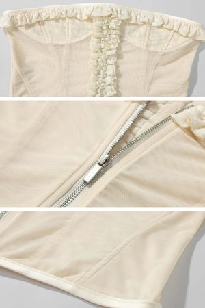 Rase le sol Sheer Mesh Corset Top with Ruffle Lace Trim