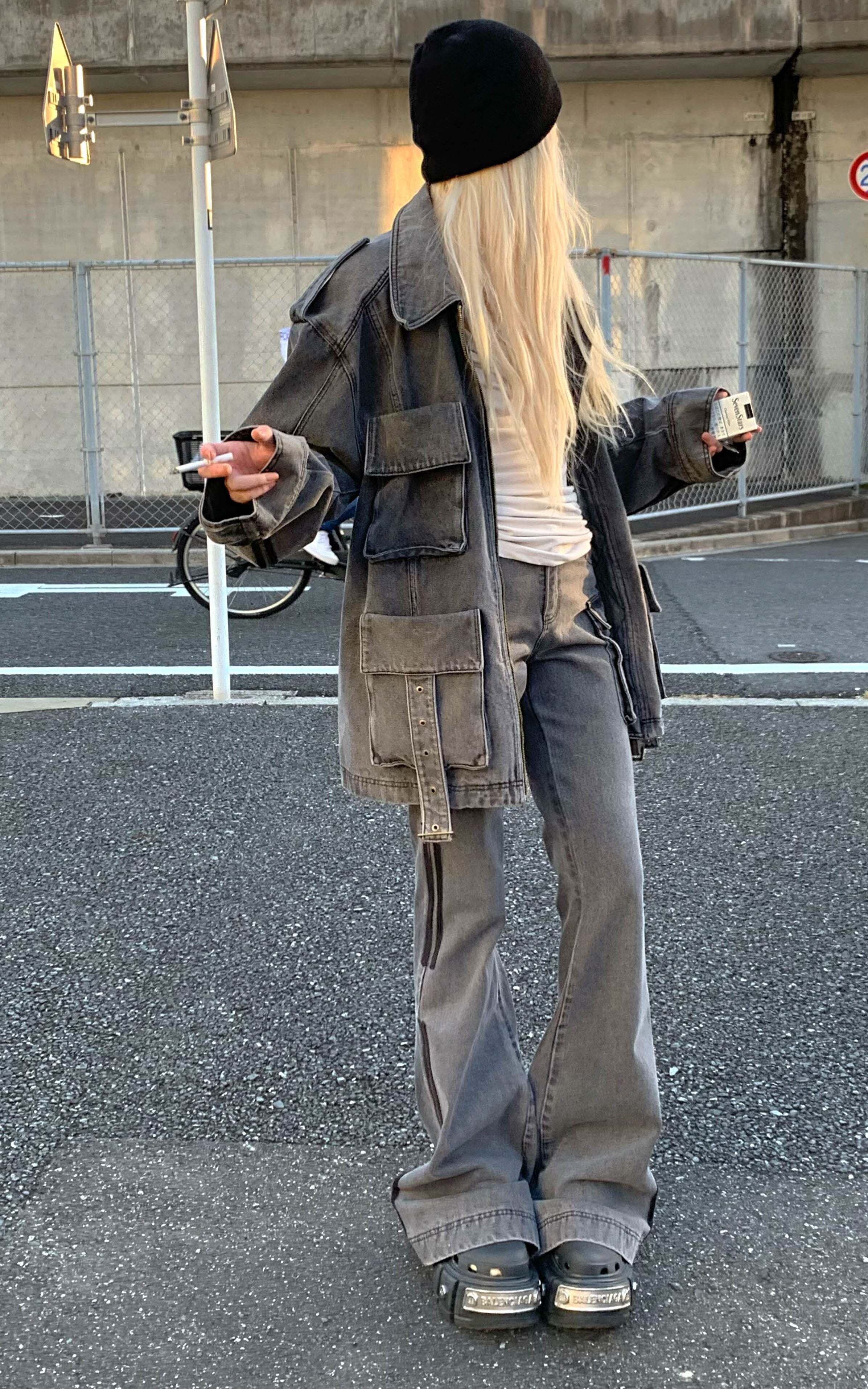 Rase le sol  Washed Gray Utility Denim Pants