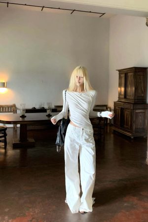 Rase le sol White Split Hem Utility Pants