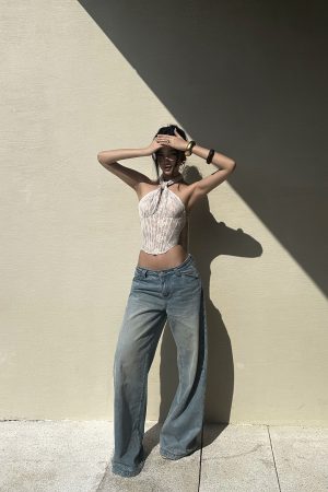 ROVENTE Backless Lace Halter Draped Top
