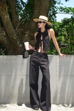 ROVENTE Backless Pinstripe Halter Vest with Front Tie in Black