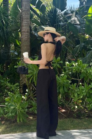 ROVENTE Backless Pinstripe Halter Vest with Front Tie in Black