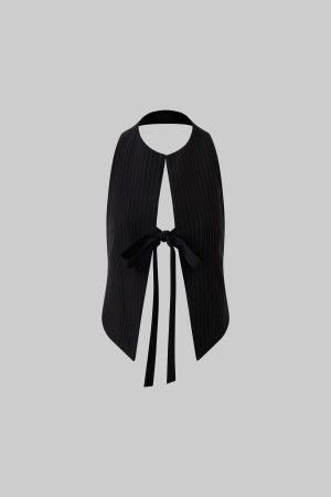 ROVENTE Backless Pinstripe Halter Vest with Front Tie in Black