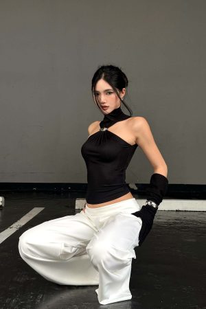 ROVENTE Black Halterneck Top with Metal Clasp