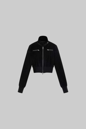 ROVENTE Cropped Suede Jacket with High Collar and Zipper Detailing