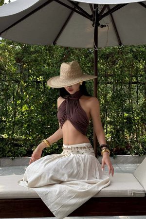 ROVENTE Cross-Drape Halter Top with High Neck Twist Detail