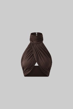 ROVENTE Cross-Drape Halter Top with High Neck Twist Detail