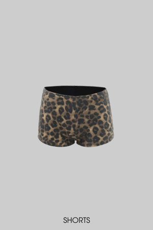 ROVENTE Deep V Black Top with Leopard Bra and Leopard Print Shorts Set