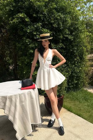 ROVENTE Deep V Halter Mini Dress with Flared Skirt