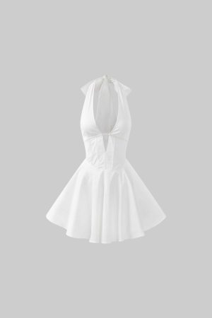 ROVENTE Deep V Halter Mini Dress with Flared Skirt