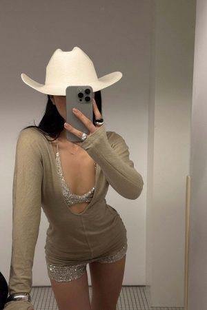 ROVENTE Deep V Knit Top with Sequin Bra and Shorts Set