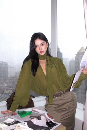 ROVENTE Draped Deep V-Neck Blouse with Tie Collar and Billowy Sleeves