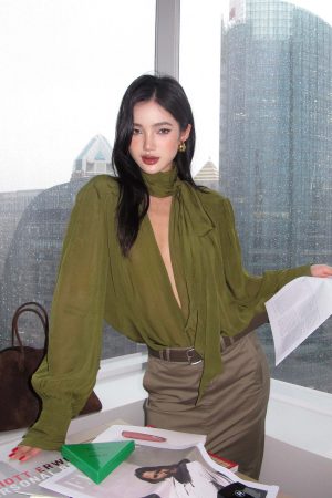 ROVENTE Draped Deep V-Neck Blouse with Tie Collar and Billowy Sleeves