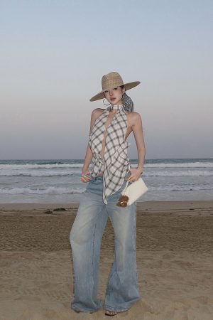 ROVENTE Draped Plaid Halter Top with Open Back