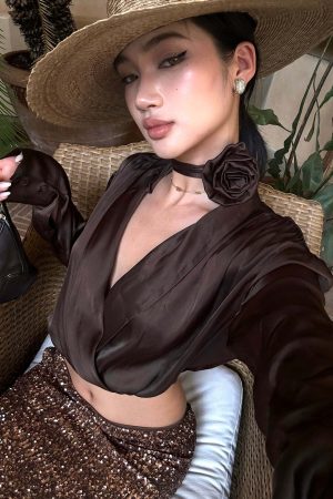 ROVENTE Draped Satin Crop Blouse with Removable Rose Choker