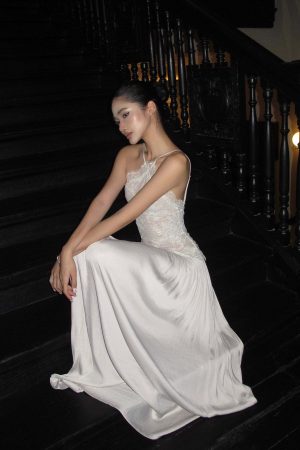 ROVENTE Embroidered Lace Halter Dress With Gathered Hem