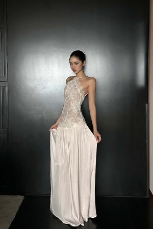 ROVENTE Embroidered Lace Halter Dress With Gathered Hem