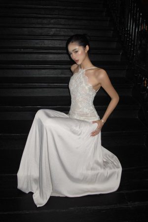 ROVENTE Embroidered Lace Halter Dress With Gathered Hem