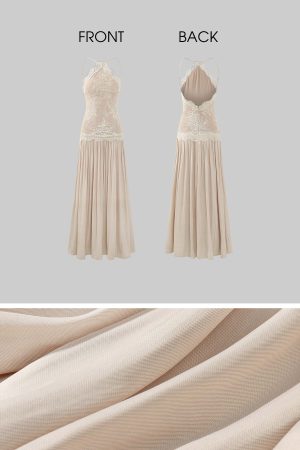ROVENTE Embroidered Lace Halter Dress With Gathered Hem