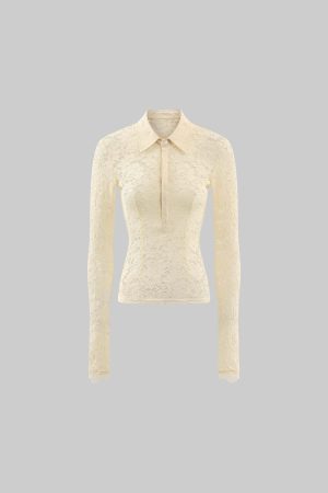 ROVENTE Lace Sheer Shirt with Collar and Long Sleeves