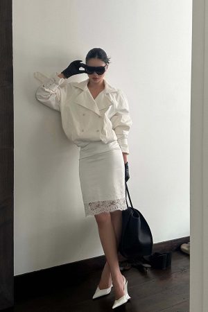 ROVENTE Lace Trim Satin Skirt Slim Midi
