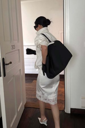 ROVENTE Lace Trim Satin Skirt Slim Midi