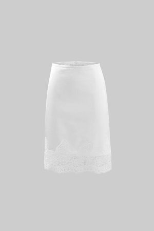ROVENTE Lace Trim Satin Skirt Slim Midi