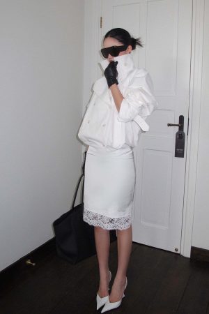 ROVENTE Lace Trim Satin Skirt Slim Midi