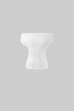 ROVENTE Off-Shoulder Corset Mesh Top in White