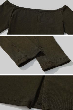 ROVENTE Off-Shoulder Slim-Fit Long Sleeve Top with Front Hem Slit