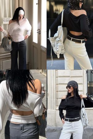 ROVENTE One Shoulder Cut-Out Top Long Sleeve Slim Fit Minimalist Tee