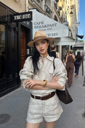 ROVENTE Pinstripe Linen Shirt and Shorts Set with Relaxed Fit and Tailored Detailing