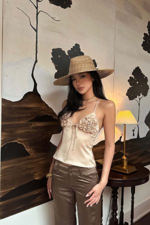 ROVENTE Rosette Detail Satin Camisole with Adjustable Straps