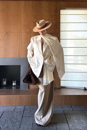 ROVENTE Satin Blazer Suit with Scarf Two Button Modern Jacket Set