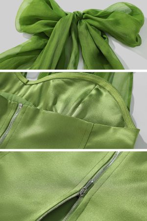 ROVENTE Satin Mesh-Drape Halter Top & Micro Mini Skirt Set