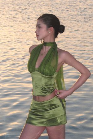 ROVENTE Satin Mesh-Drape Halter Top & Micro Mini Skirt Set