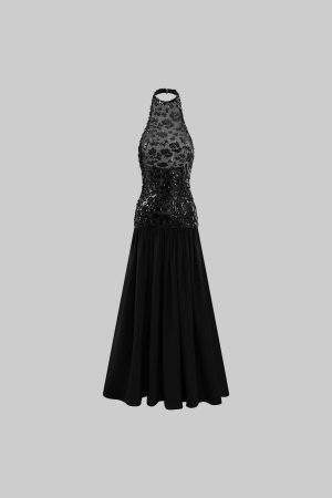 ROVENTE Sequined Halter Maxi Dress
