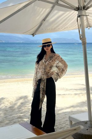 ROVENTE Sheer Leopard Blouse with Draped Tie & Rosette